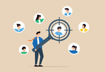Businessman focus with magnifying glass on customer, user, or people