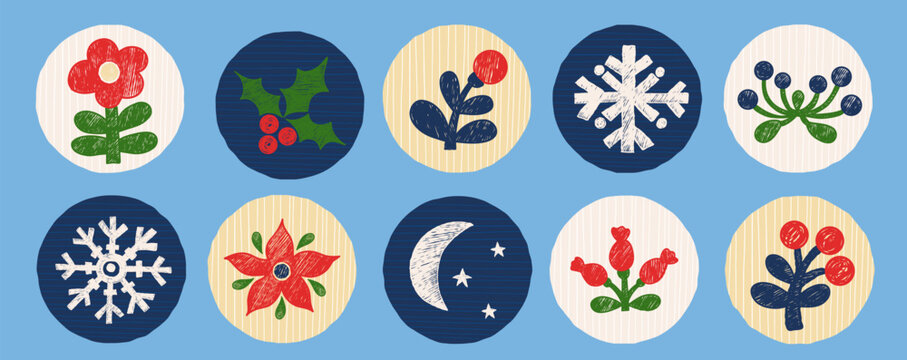 Crayon Merry Round Sticker Planner Set. Christmas labels Icons with Holiday primitive Elements with rustic effect. Isolated chalk Textured Hand Drawing. Modern trendy vector illustration. Not AI