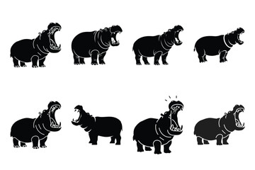 hippopotamus yawning  minimal silhouette vector icon set. animal  icon set.