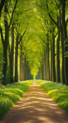 Fototapeta premium Serene Tree-Lined Path in Lush Spring Forest with Sunlit Canopy and Tranquil Atmosphere