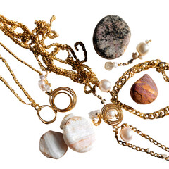 Assorted Jewelry and Gemstones isolated on white background