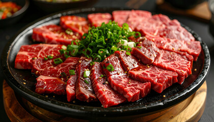 Fresh slices of marbled raw beef arranged neatly on a black plate, garnished with chopped green onions, prepared for cooking or grilling.