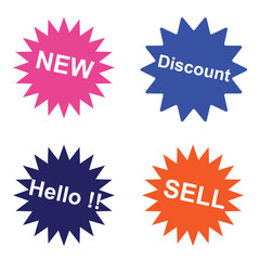 Four Starburst Stickers: New, Discount, Hello, and Sell