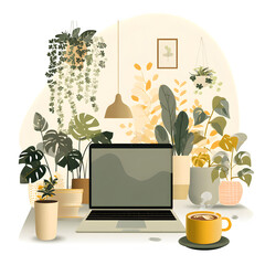 Cozy home office with plants isolated on white background