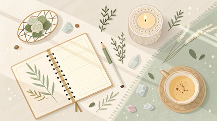 Flat lay of cozy journaling scene with open notebook, candle, tea, crystals, and herbs, perfect for mindfulness, self-care, planner art, wellness blogs, feminine lifestyle branding