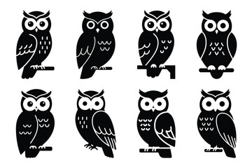 owl perched  minimal silhouette vector icon set. animal  icon set.