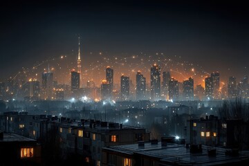 Fototapeta premium City skyline illuminated at night with a network of glowing connections