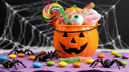 Spooky Halloween pumpkin bucket overflowing with colorful candy and surrounded by toy spiders