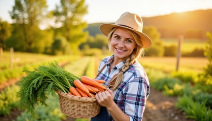 Fresh carrots in wicker basket held by smiling farmer in field during bright sunlight. Farmer is harvesting carrots from her garden, showing nature's bounty.