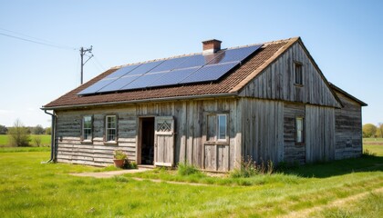 Solar panels adorn old wooden house, blending sustainability with rustic charm. Old wooden house roof, fitted with contemporary solar panels, showcases eco friendly energy transition.