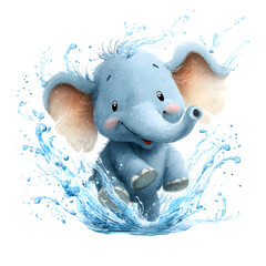 Playful baby elephant splashing in water isolated on white background