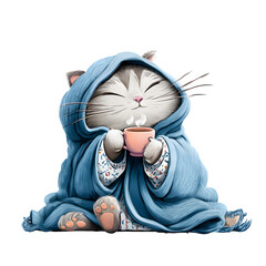 Cozy cat with warm drink isolated on white background