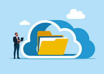 Folder with documents in the cloud  storage. Server room in the shape of a cloud. Network, data, security, digital interface, connection, processing and communication. Vector flat illustration