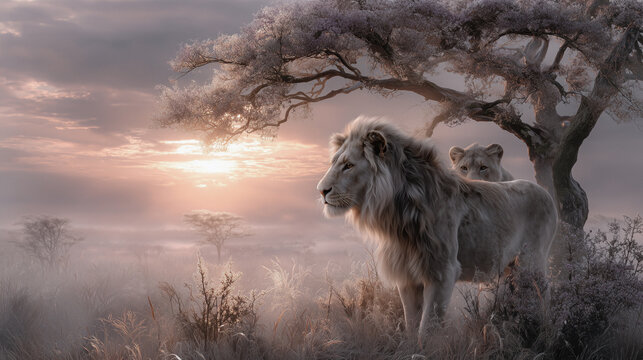 L&ouml;we in afrikanischer Savanne bei Sonnenuntergang &ndash; majest&auml;tische Wildtieraufnahme