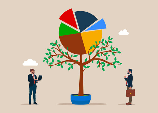 The tree with arrange pie chart grows higher and higher. Rebalancing investment portfolio to suitable for risk and return. Investment asset allocation and rebalance. Vector flat illustration