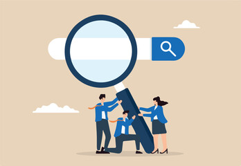 Flat illustration of HR business people hold magnifying glass on search bar discovering job opportunities