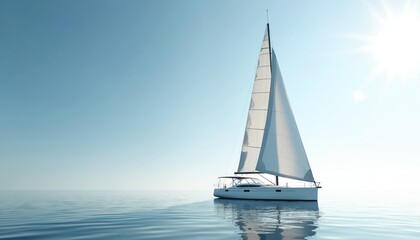 Sailboat floats in a tranquil sea under bright sun. White yacht sails on calm ocean water. Marine travel adventure tourism for lifestyle concept or summer sea vacation cruise. Blue sky