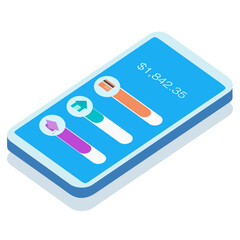 Isometric Finance Mobile App with Colorful Data Charts and Analytics