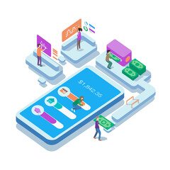 Isometric Financial Analytics Platform with Money and Business People