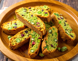 Fototapeta premium Colorful slices of pistachio biscotti with cranberries and nuts are arranged on a wooden plate, showcasing a vibrant and crunchy dessert.