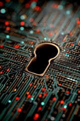 Close-up of a keyhole on an abstract circuit board, symbolizing digital security and protection