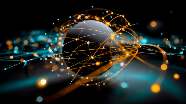 A digital artwork featuring a globe with a network of lines and dots suggesting connectivity or global communication set against a dark background with bright colorful lights