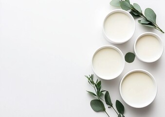 Elegant Display of Minimalist Bowls with Green Leaves on White Background