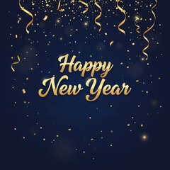 Fototapeta premium Elegant Happy New Year Poster with Gold Lettering on Navy Blue Background – Festive Celebration Greeting Design