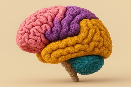 Brain's Vivid Landscape: A vibrant, multi-colored representation of the brain, showcasing its intricate structure, perfect for educational content.