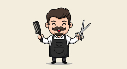 A cute cartoon barber with a mustache and goatee holding a comb and scissors.