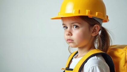 Young child wears yellow hard hat and backpack. Sad girl looks away with thoughtful expression. Represents child labor exploitation issues and future concerns about work.