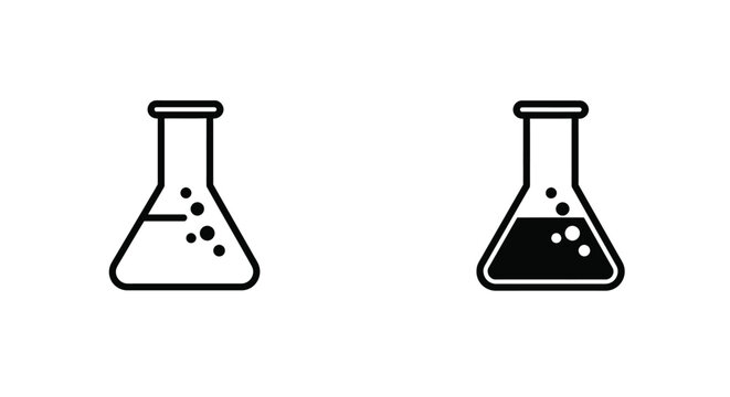 Two simple line art and solid fill icons of conical flasks with bubbling liquid, representing chemistry and scientific experiments.