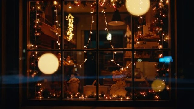 Cozy christmas window display with twinkling lights and festive decor