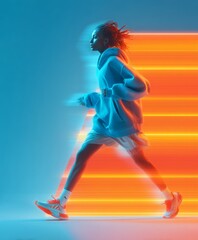 Obraz premium Young person in oversized hoodie and shorts, running energetically against vibrant abstract background of shapes, capturing movement and youthful spirit