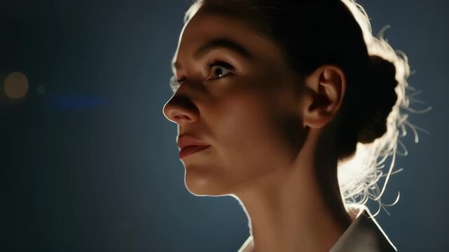 Dramatic closeup of woman in soft backlighting with evolving expressions