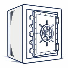 A stylized illustration of an open safe with a prominent wheel lock and coin slots on the door representing security and wealth
