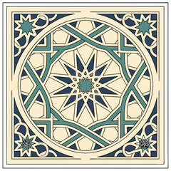 Intricate geometric islamic pattern with interlocking stars and arabesque motifs in blue and teal
