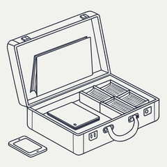 Open briefcase with documents and a smartphone placed on a light background presented in a clean line art style