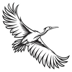 Stylized black and white illustration of a graceful heron bird in flight with wings spread wide against a white background