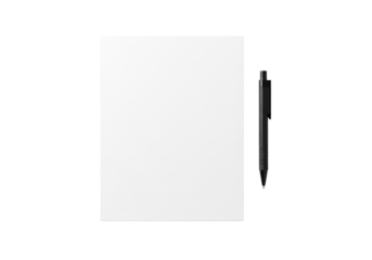 A transparent a4 paper and a sleek matte black minimalist pen, perfectly composed on a solid transparent background, a top-down flat lay, high key studio lighting concept of new ideas.