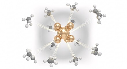 Gold catalyst molecule in chemical reaction - Champagne metallic molecular structure facilitating transformation - Chemistry catalysis illustration on white background