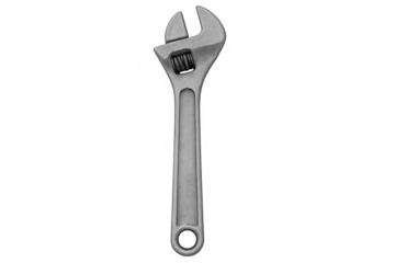 Adjustable wrench tool displaying its metallic texture and mechanism on a transparent background, symbolizing maintenance and repair
