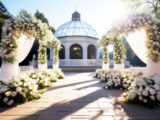 Outdoor ceremony with dome gazebo framed by two white floral arches.