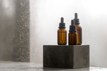 amber glass dropper bottles on matte stone pedestal with morning condensation, soft window light, spa minimalism