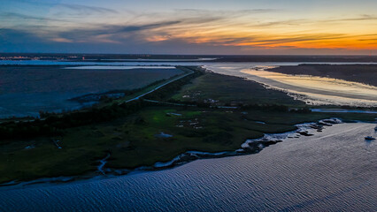 Aerial landscape of coastal wetlands summer sunset in Brunswick city southeast coast of Georgia