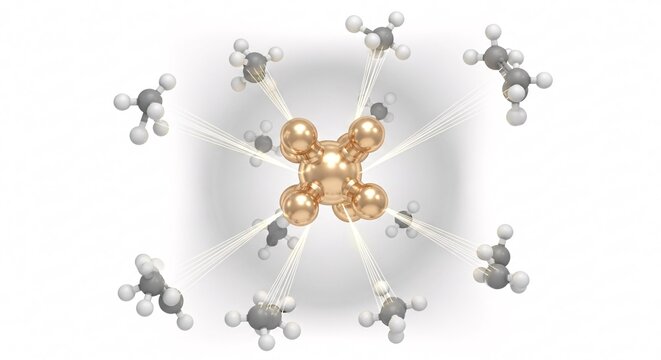 Gold catalyst molecule in chemical reaction - Champagne metallic molecular structure facilitating transformation - Chemistry catalysis illustration on white background