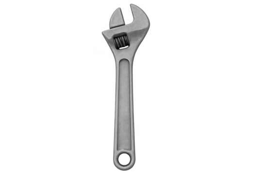 Adjustable wrench tool displaying its metallic texture and mechanism on a transparent background, symbolizing maintenance and repair