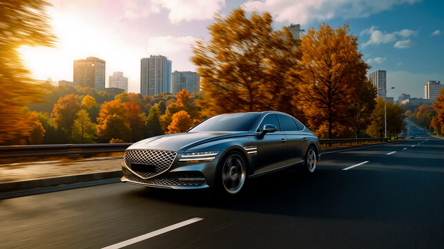 A sleek futuristic car is driving on a highway with a city skyline in the background surrounded by autumn trees - Powered by Adobe