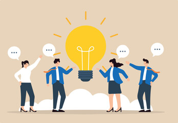 Flat illustration of business people discuss ideas with lightbulb speech bubble representing effective communication