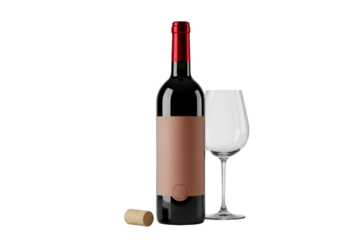 Dark glass red wine bottle with vibrant red foil cap, blank label, empty polished glass, natural cork, centered on seamless transparent. Concept for premium product advertisement
